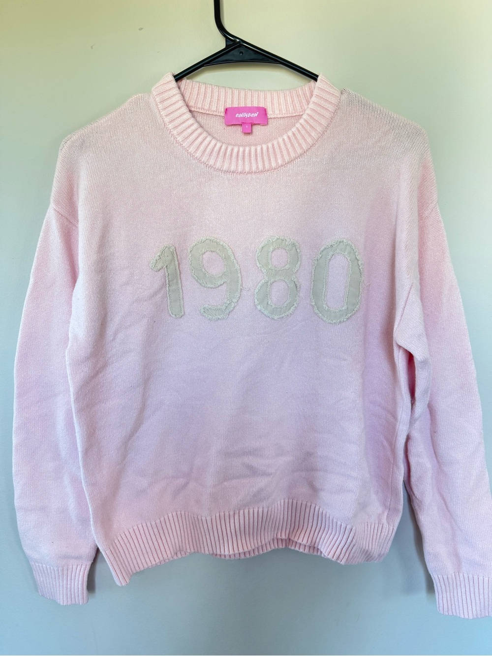 Edikted Pink "1980" Distressed Applique Graphic Knit Crewneck Sweater Size S